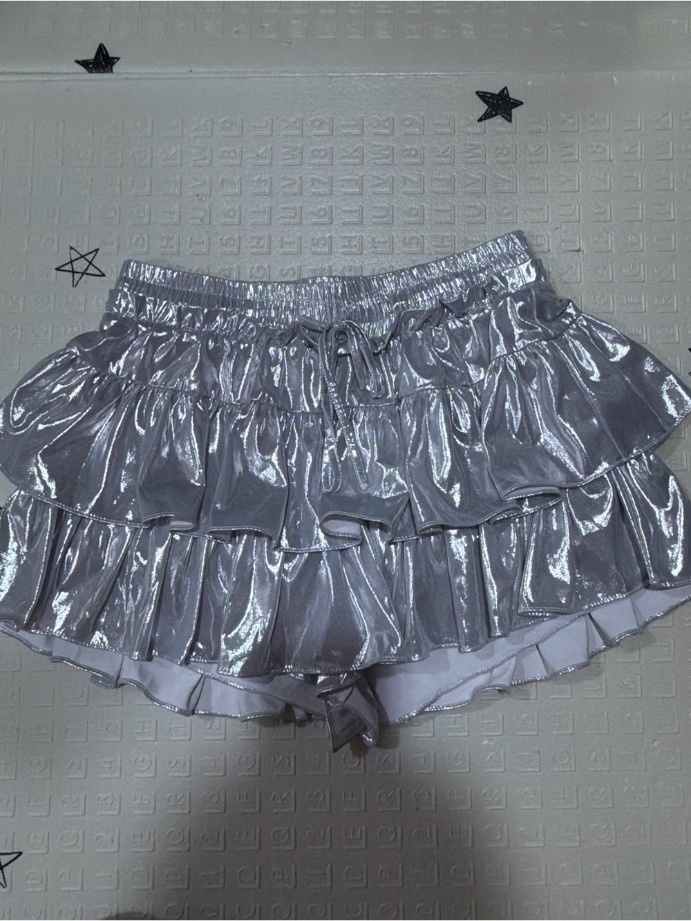 Metallic Silver Ruffle Skort with Elastic Waist